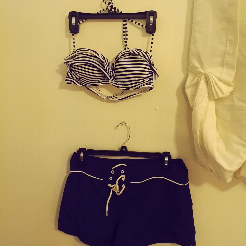 Striped Bikini Top and Navy Shorts Set